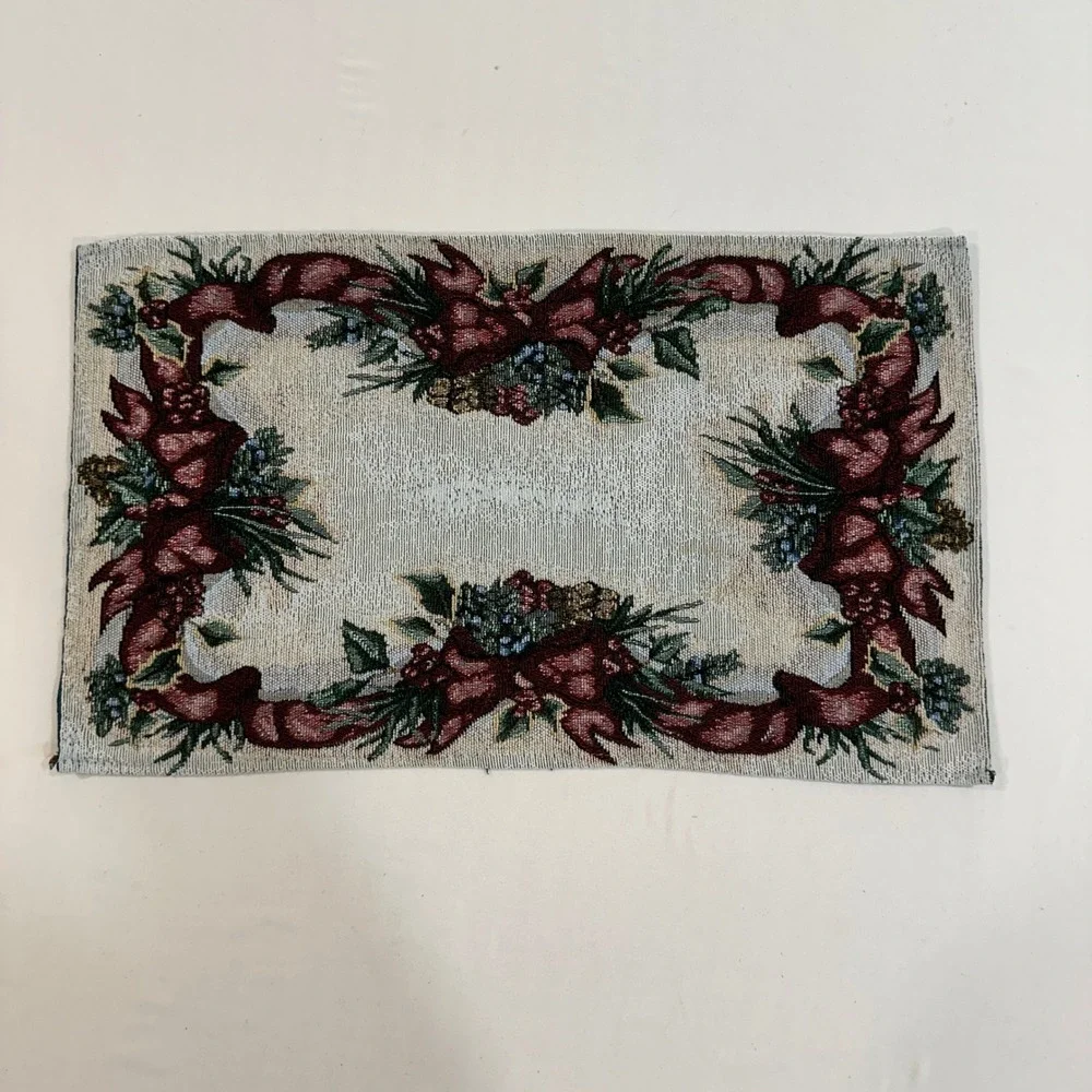 Vintage Christmas Tapestry Placemats Set of 4 Ribbon Pine Holiday 18.5x11
